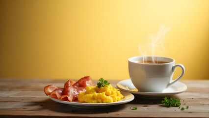 A warm and inviting breakfast scene featuring a steaming cup of golden-brown coffee, a plate of fluffy scrambled eggs, and a few slices of crispy bacon arranged on a rustic wooden table, with a sprink