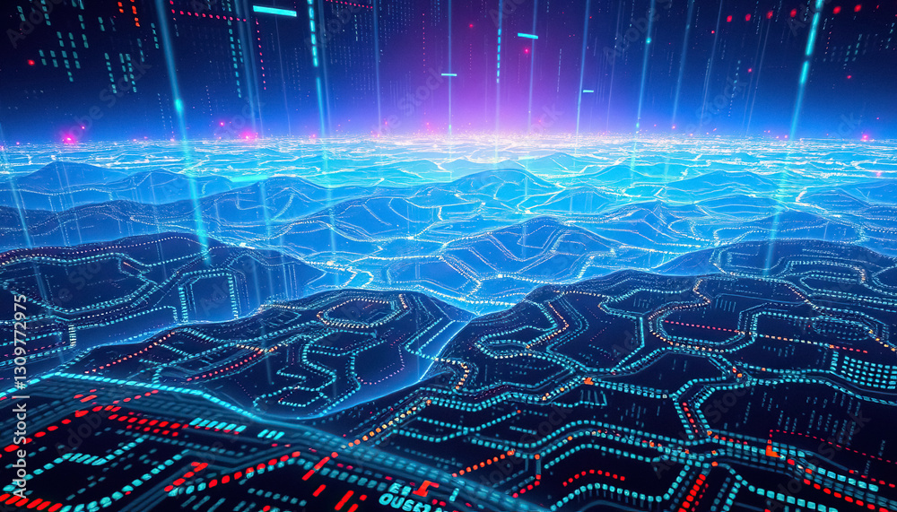 Aufkleber futuristic landscape composed of digital circuits and data streams illuminated with vibrant colors