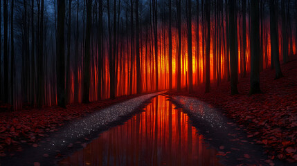 Fiery path through a dark forest