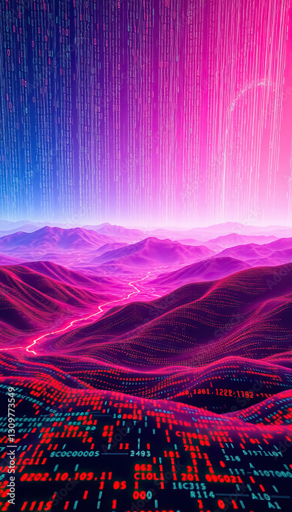 Poster digital landscape futuristic vista where data streams cascade over topographical formations
