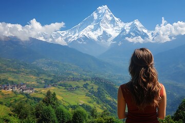 Woman gazes at snowy mountain peak from Nepal