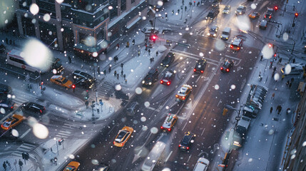 Snowflakes drift over a vibrant city intersection as yellow taxis navigate the bustling winter streets.
