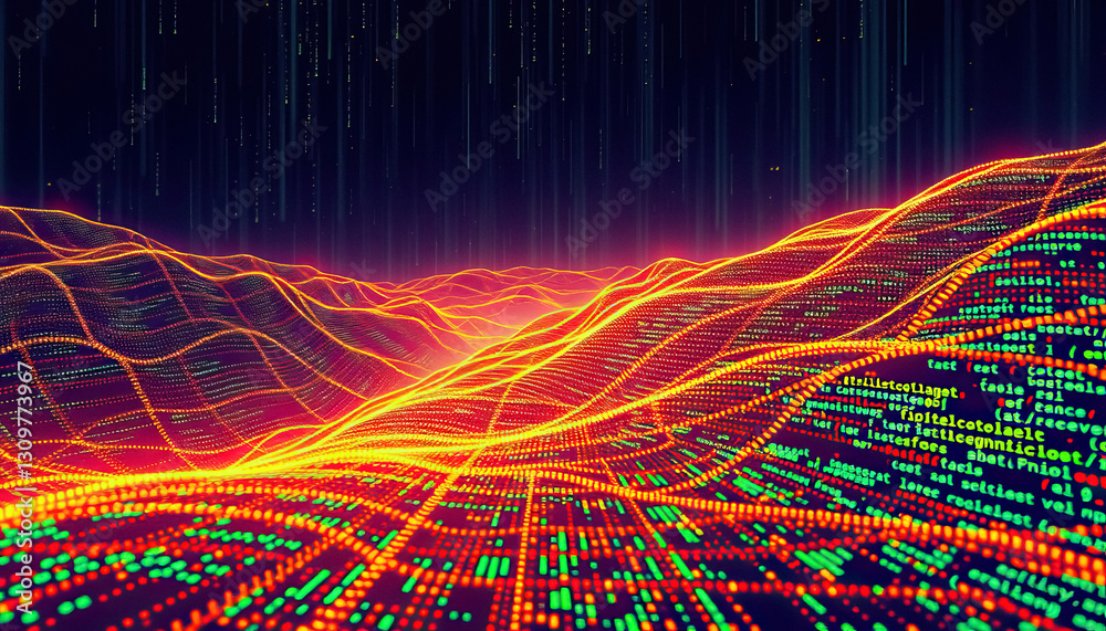 Poster Abstract data landscape visualization with glowing lines and digital code elements