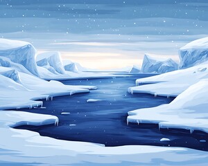 Arctic landscape with icy water and snow-covered land.