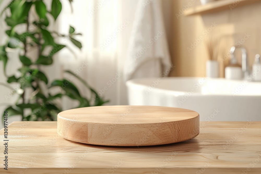 Poster empty round wooden podium on table for product presentation in blurred bathroom background