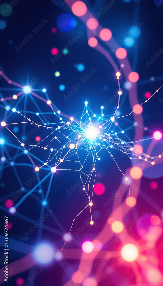 Poster abstract depiction of interconnected nodes and lines symbolizing networking complex systems