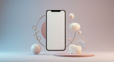 A phone is suspended in the air in front of a colorful background. The phone is white and the background is pink, blue, and green. The scene is abstract and playful