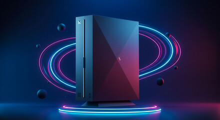 A black computer tower with neon lights surrounding it. The computer tower is the main focus of the image, and the neon lights create a futuristic and modern atmosphere