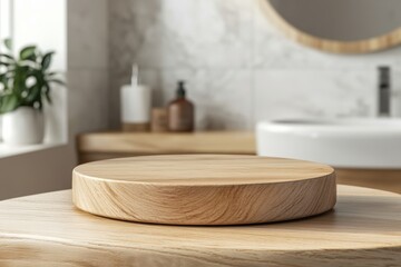 Empty round wooden podium displaying products in modern bathroom