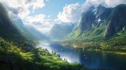 Scenic fjord valley with charming village nestled between majestic mountains under a vibrant sky