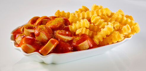 Currywurst mit Pommes, Fastfood, Wurst, Currysauce, 