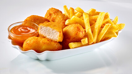 Chicken Nuggets mit Pommes, Hühnchen, fastfood, isoliert, pommesschale, 