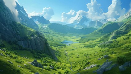 Obraz premium Serene mountain valley landscape. Lush green hills, a clear stream, and majestic snow-capped peaks create a breathtaking view.