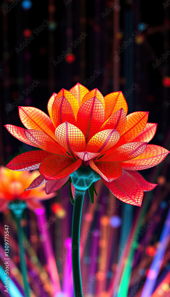 Poster abstract red and orange flower with glowing veins and stem set against colorful background