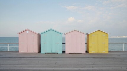 Obraz premium Colorful beach huts lined along a wooden pier by the ocean