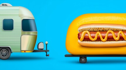 Vintage Camper and Giant Hot Dog on Trailers, Whimsical Illustration
