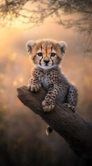 Obraz premium A young cheetah observes the surroundings from a tree branch, illuminated by warm sunset light in a serene natural setting.