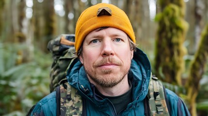 Man with backpack hiking in a forest, tree trunks overgrown with moss in the background, possibly for an outdoor blog