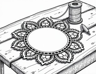 Obraz premium Ornate Lace Doily with Thread and Bobbin on Wooden Table