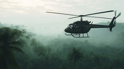Military Helicopter Over Misty Jungle