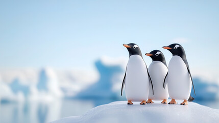 Naklejka premium three penguins standing together on a snow-covered surface, with icebergs and a clear sky in the background. The penguins are black and white with orange beaks. They are grouped closely together