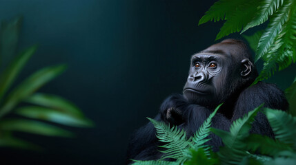 Obraz premium a gorilla in lush green jungle looking thoughtful with a baby gorilla. The leaves are vibrant and the lighting creates a sense of mystery.