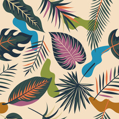 Modern exotic jungle pattern with tropical leaves. Collage contemporary seamless pattern. Hand drawn cartoon style pattern.