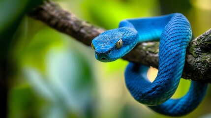 Blue viper snake on branch - ready to attack