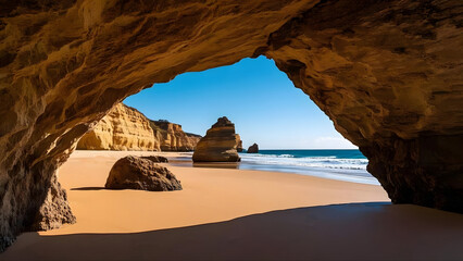 A stunning view of a beach bay framed by large sandstone arches, featuring warm golden-tan earthy...