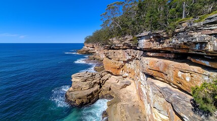 Ocean waves crashing into sandstone cliffs, trees above. Nature background use