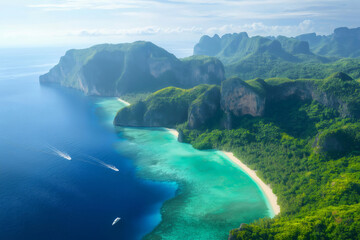 Fototapeta premium Breathtaking aerial view of a tropical paradise featuring crystal clear lagoons, lush vegetation, and boats navigating the turquoise waters