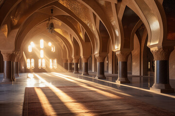 Obraz premium Interior of a beautiful mosque with golden sunlight streaming through the windows, illuminating the intricate architecture and creating a peaceful atmosphere.