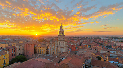 Fototapeta premium Golden sunrise over Italian city rooftops and bell tower.
