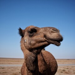 The face of a tamed camel in the desert
