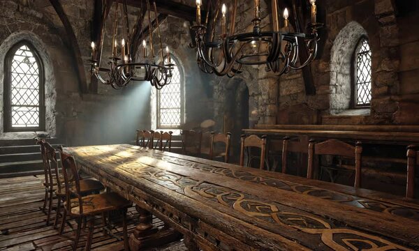A rustic medieval dining hall with a long wooden table and candle chandeliers, sunlight streaming in