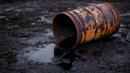 Abandoned rusty metal barrel lying on wet, muddy ground, emphasizing environmental pollution and industrial decay in an outdoor setting