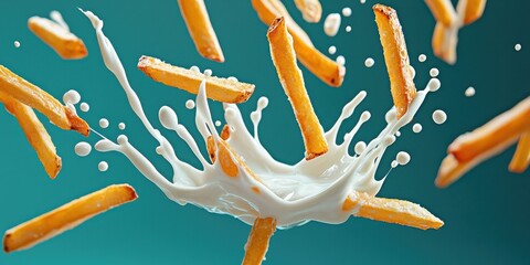 Floating French fries with tangy yogurt dressing splashes on a dark teal background