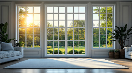 Fototapeta premium Grand room, sunrise view, elegant interior