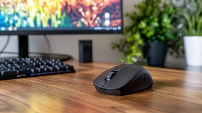Wireless computer mouse on wooden desk, near keyboard and monitor, with plants.