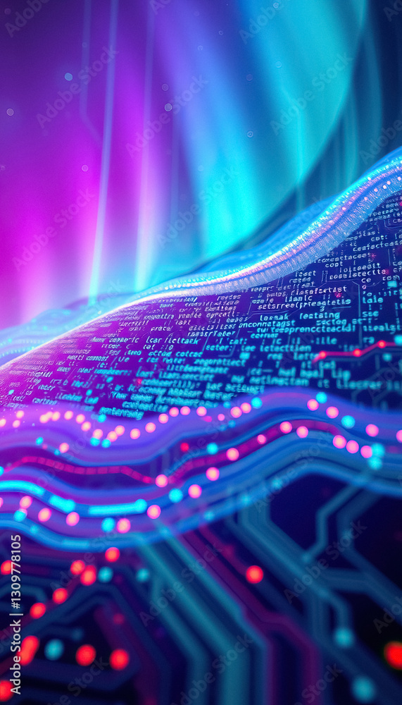 Aufkleber Futuristic technology interface with vibrant colors and abstract code and circuit patterns