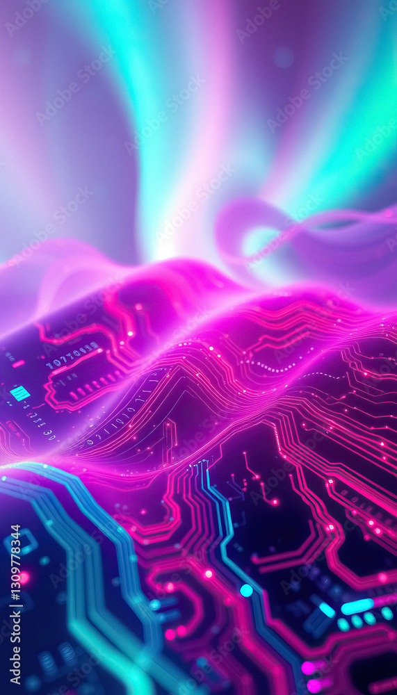 Poster futuristic circuit board landscape with neon lights and ethereal aurora like backdrop
