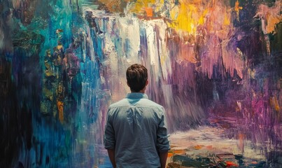 Obraz premium Man admiring colorful waterfall abstract painting.