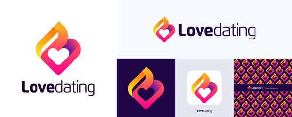 Love logo design for dating app or identity, Modern vibrant love Logo with colorful gradient style, Fire Love logo with pattern background inspiration, Creative concept dynamic love Logo for soulmate.