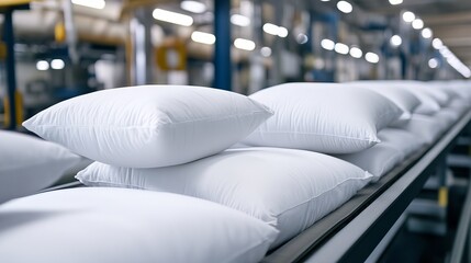 Fototapeta premium Soft White Pillows Production Line Clean Modern Factory Manufacturing Textile Industry Pillows Comfortable Sleep Bedding Products White Pillows 