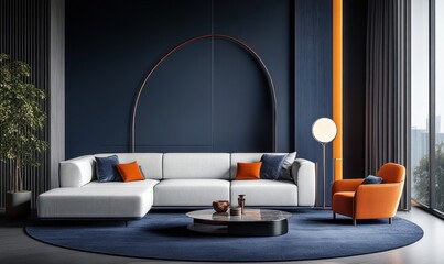 Modern living room with sectional sofa, orange armchair, and blue accents.