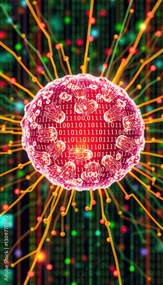 Poster Digital Virus Microscopic Representation of Cellular Infection with Binary Code Overlay