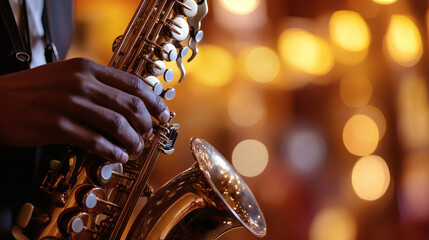 Fototapeta premium Harmony in Brass: A close-up view of a musician's hands skillfully playing a gleaming saxophone, the warm glow of the background creating a mood of sophisticated performance.