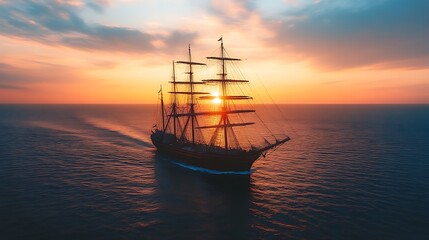 Obraz premium Tall ship sailing at sunset on the sea
