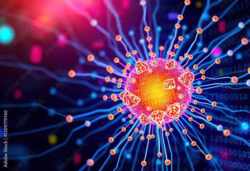Poster Digitally rendered cell structure with interconnected lines and data overlays
