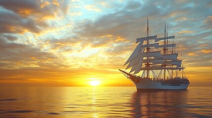 Obraz premium Tall Ship Sailing at Sunset on the Open Ocean
